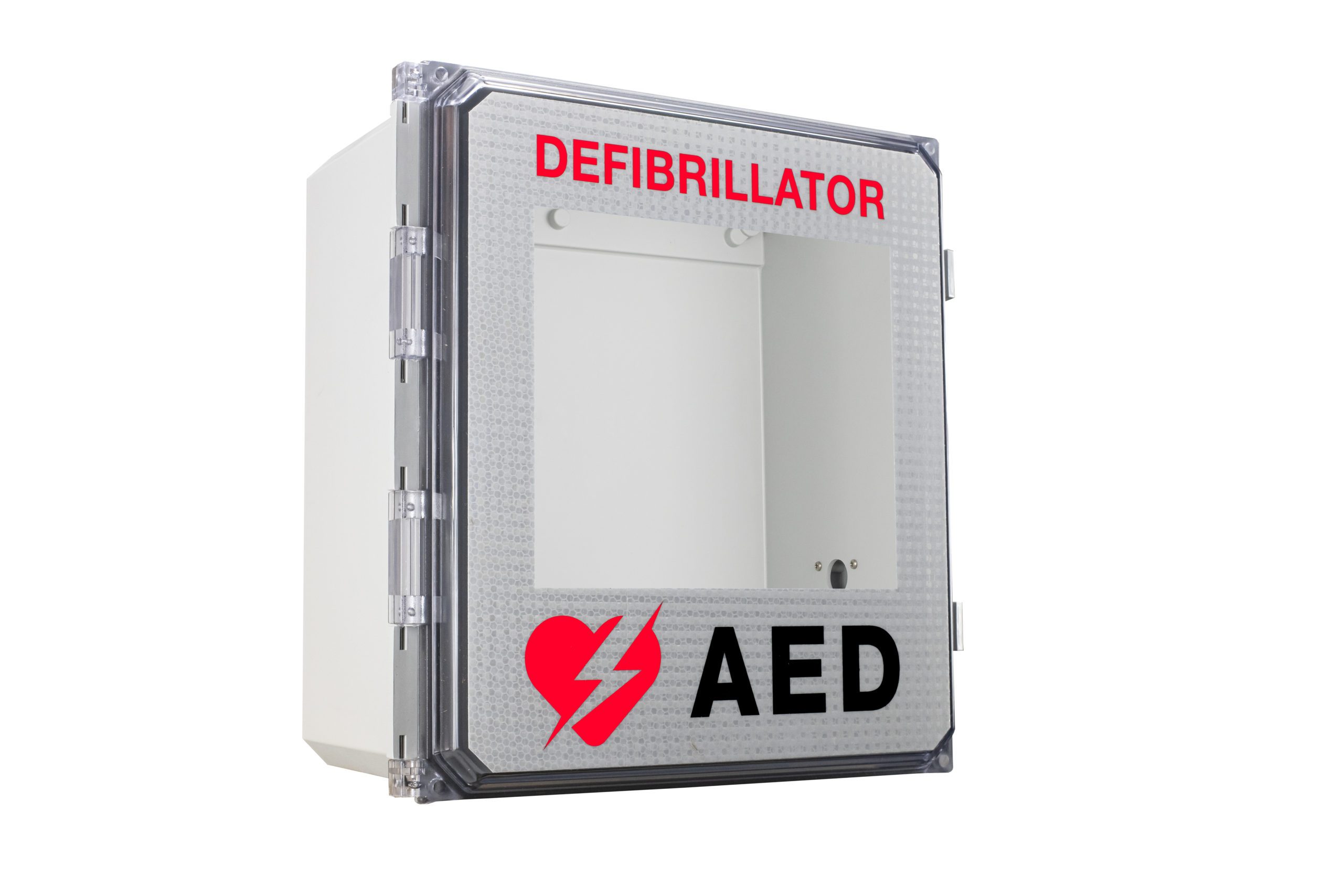 Front view of an outdoor AED cabinet