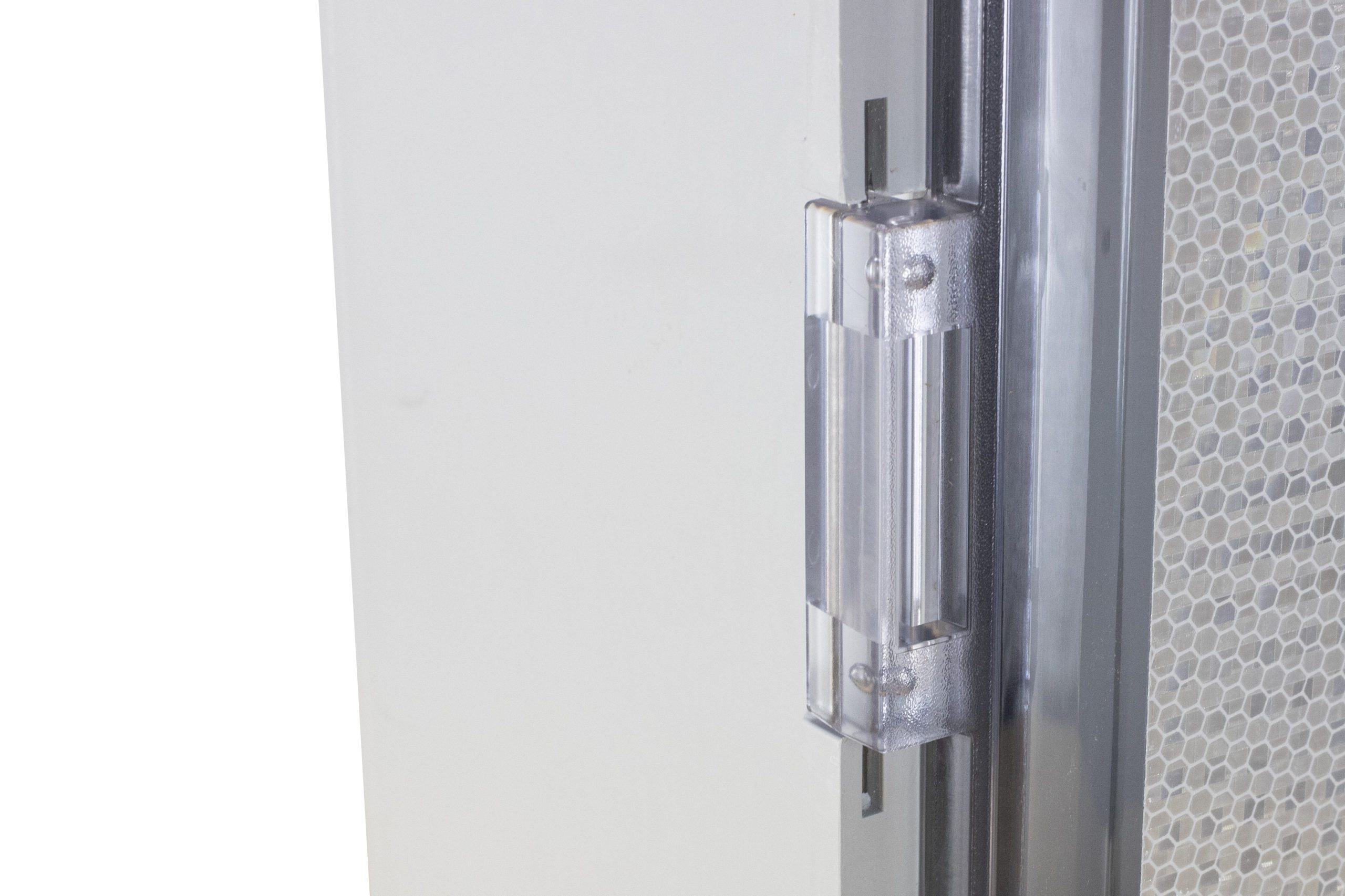 Detail view of hinge on outdoor AED wall cabinet