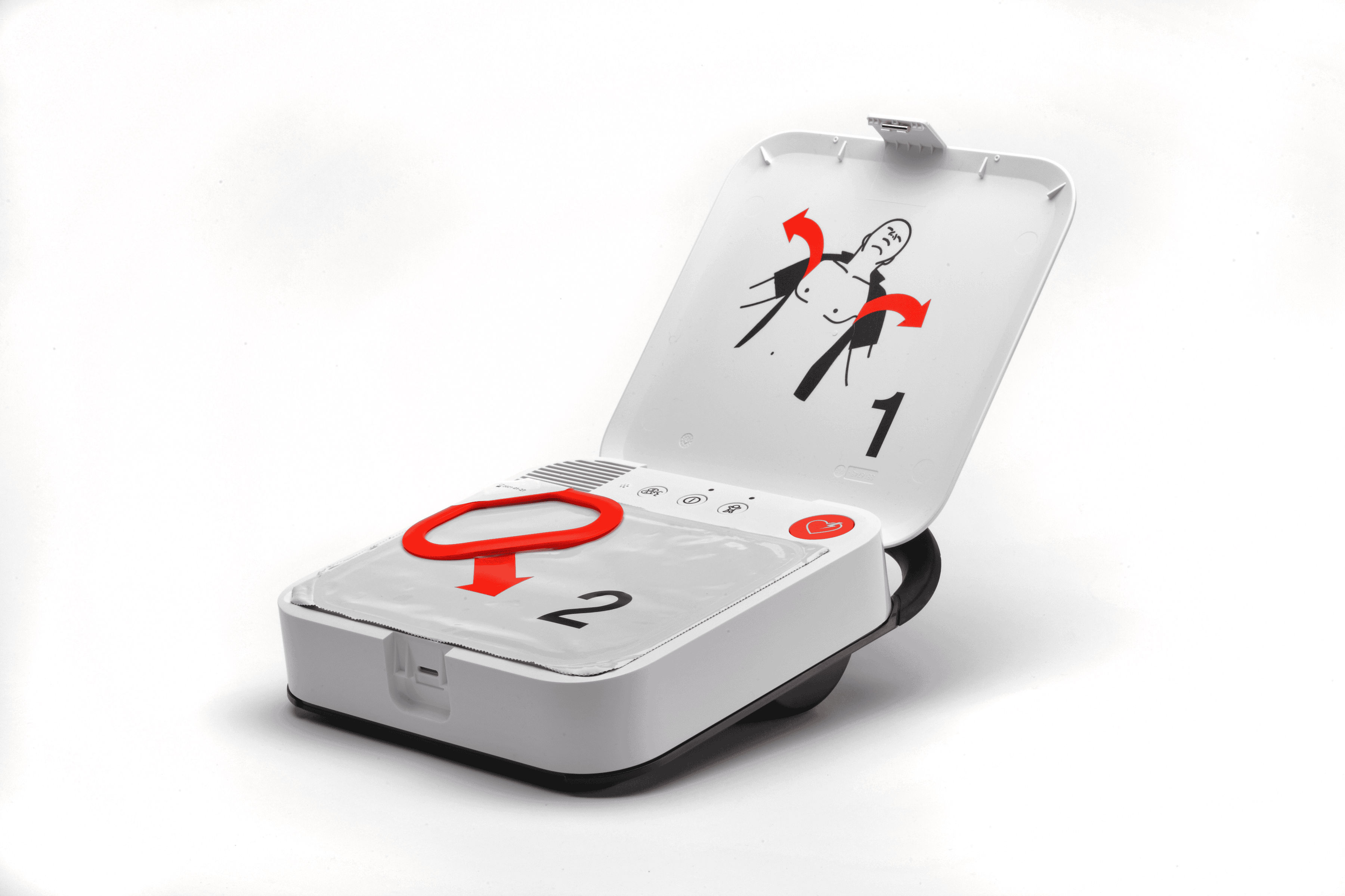 Open LIFEPAK CR2 AED viewed from the left