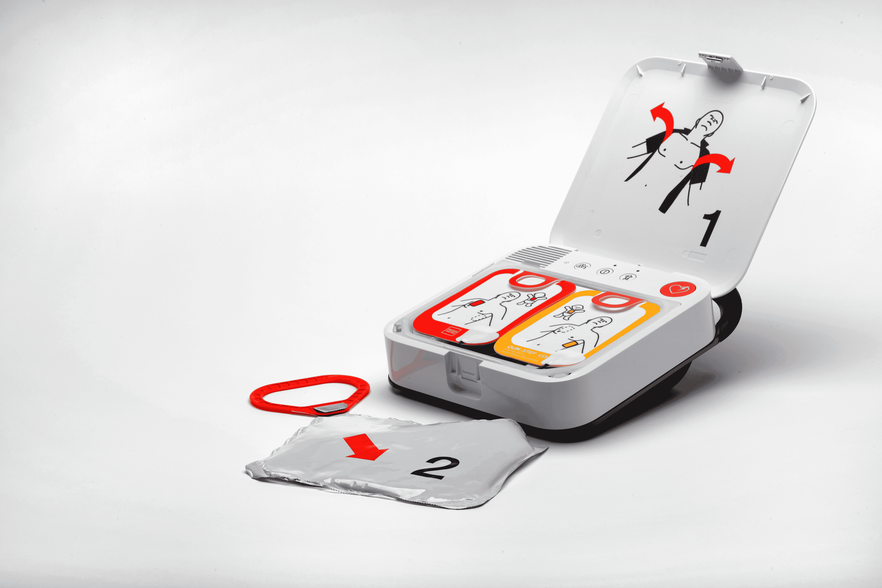 Open LIFEPAK CR2 AED with pads showing